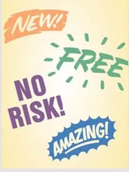Info Graphic with the words "New!" "Free" "No RIsk!" and "Amazing!" written on it