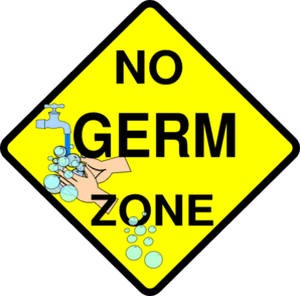 Dimond Shaped yellow street sign that says No Germ Zone with illustration of hand washing
