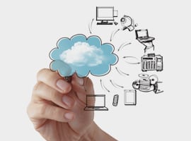 Photo of a hand drawing a cloud with lots of technology icons pointing to the cloud
